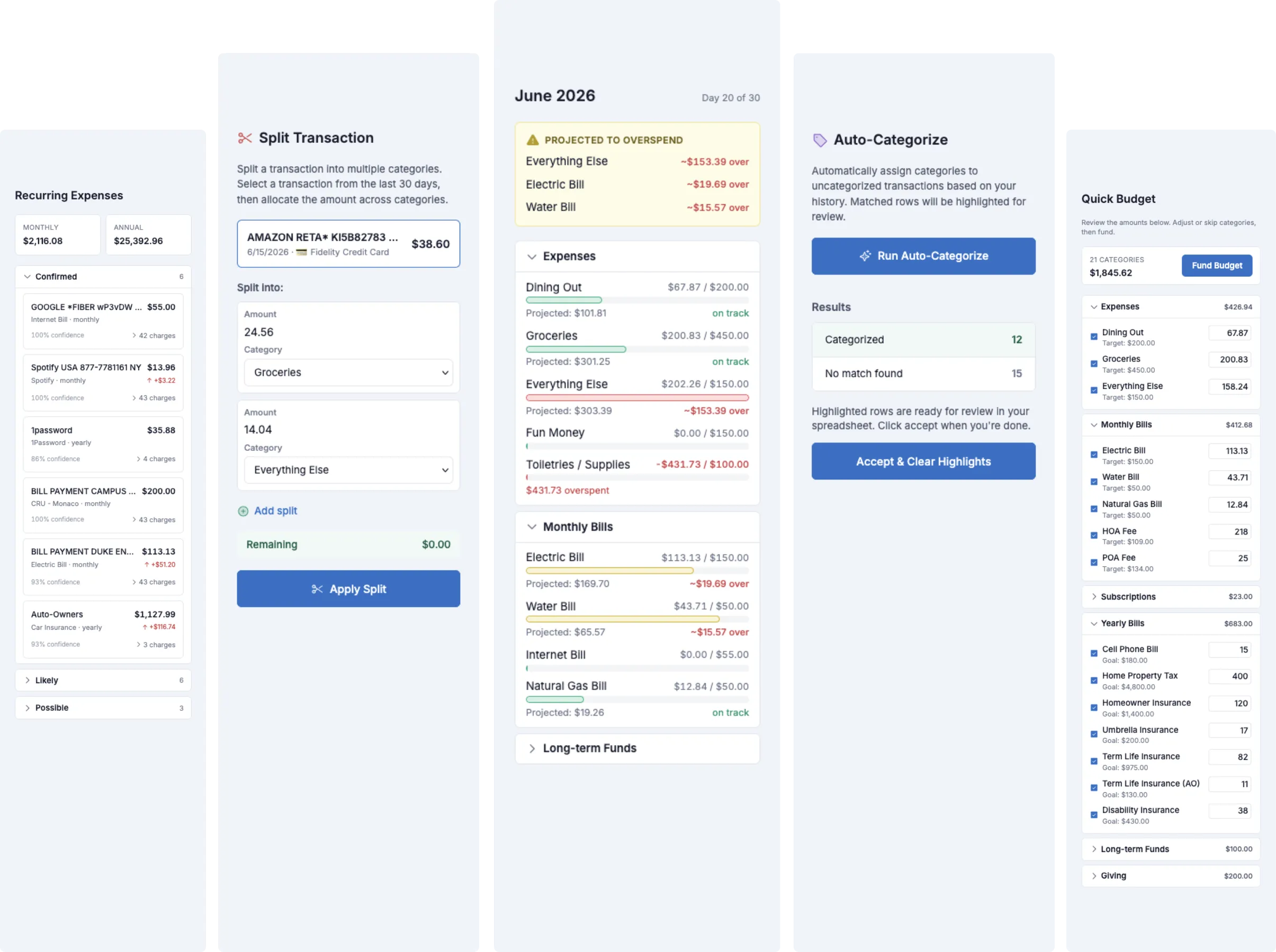 Aspire Turbo add-on sidebar showing CSV Import, Auto-Categorization, Quick Budget, Budget Forecast, and Recurring Expense Tracker features