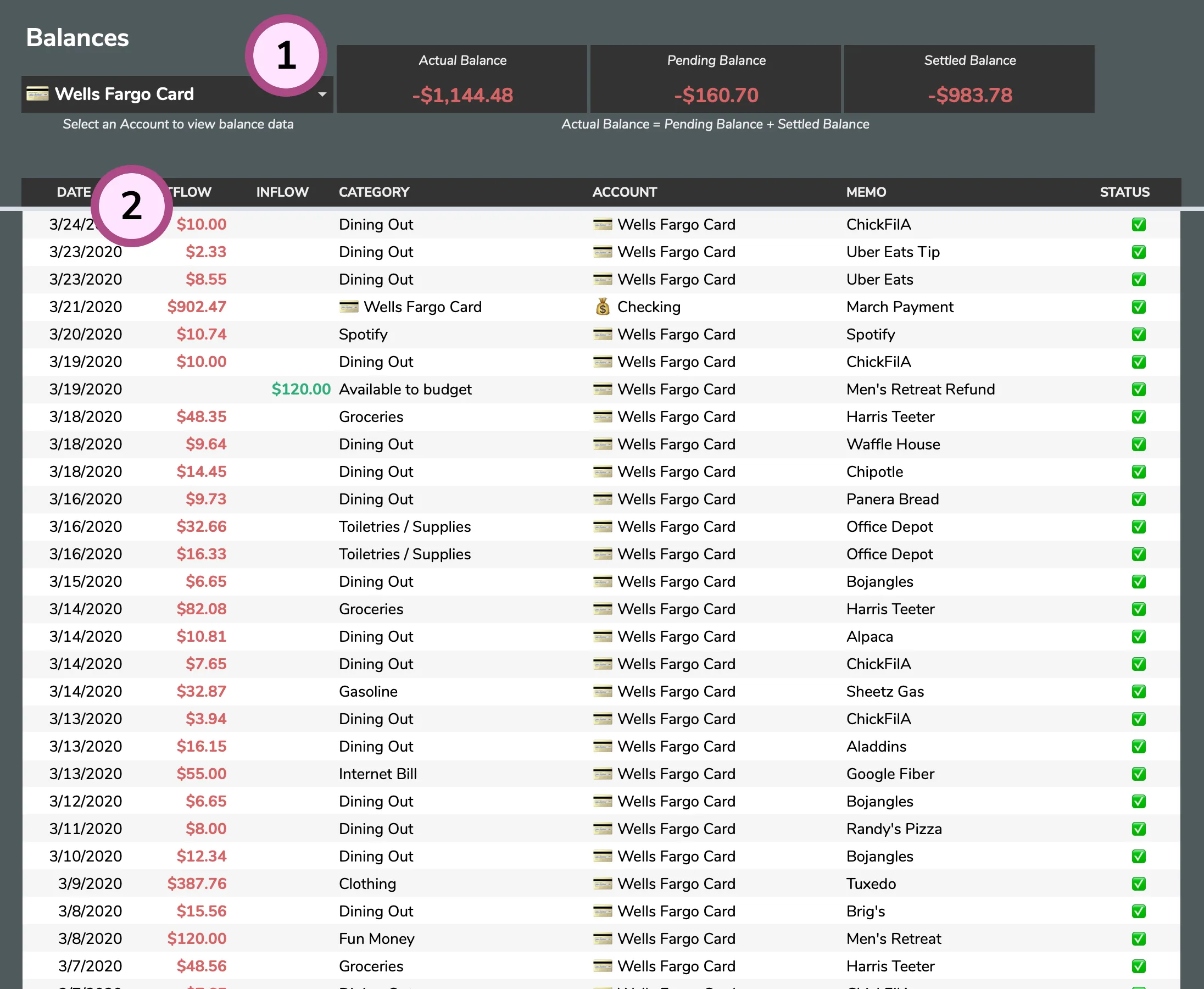 Balances tab showing account transaction breakdown with settled and pending items