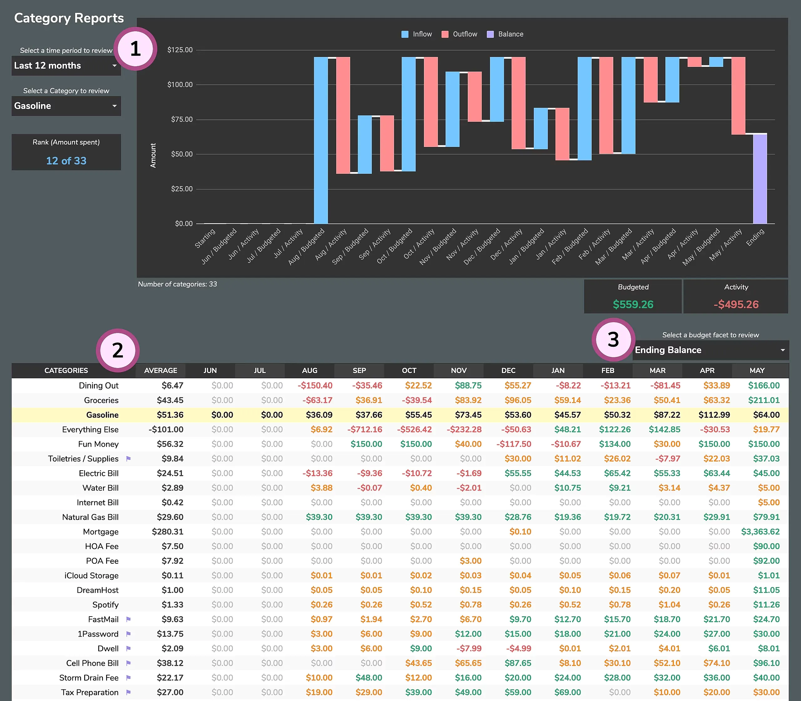 Category Reports tab showing budgeted vs actual spending over time