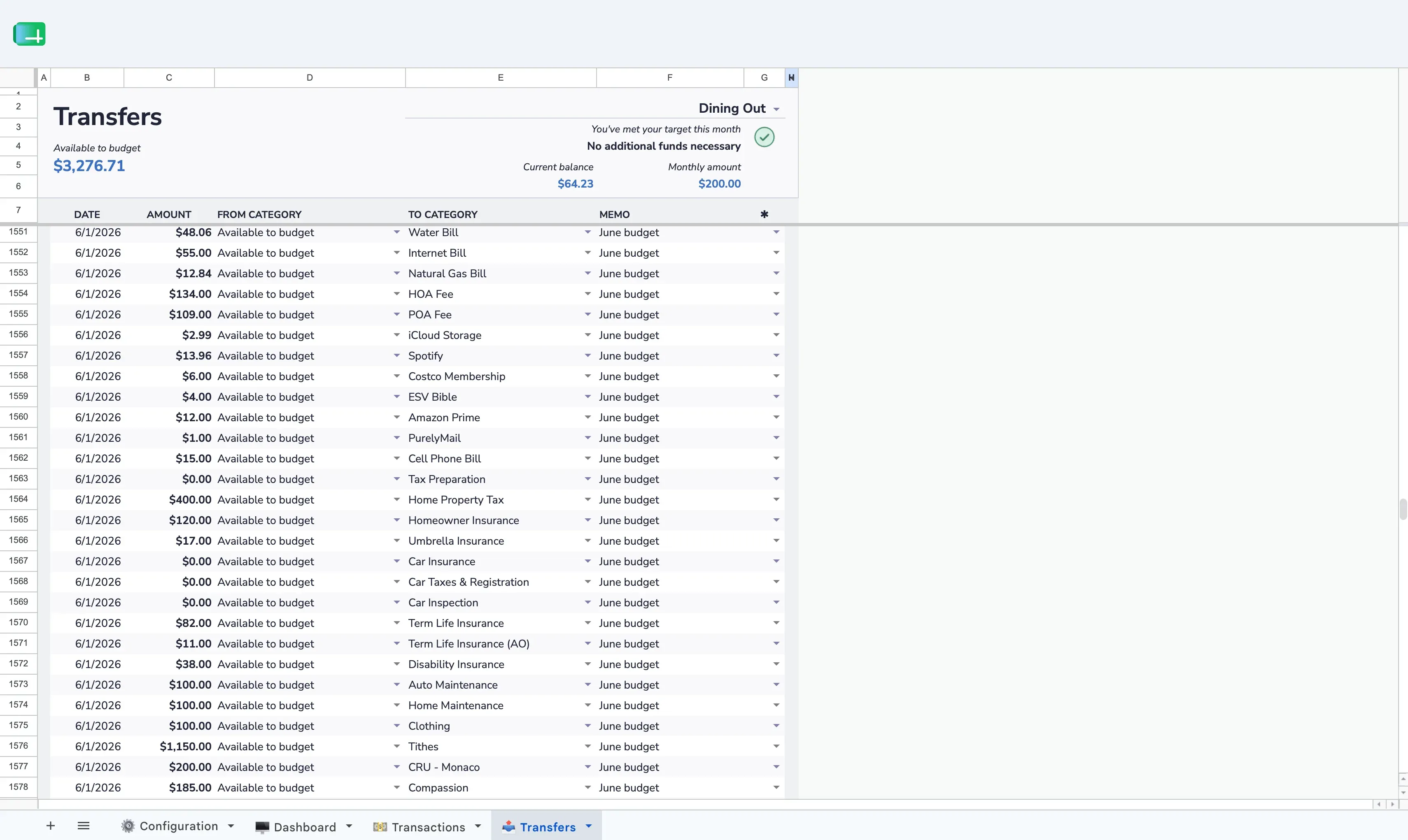 Aspire Category Transfers tab showing money moving into digital envelope categories