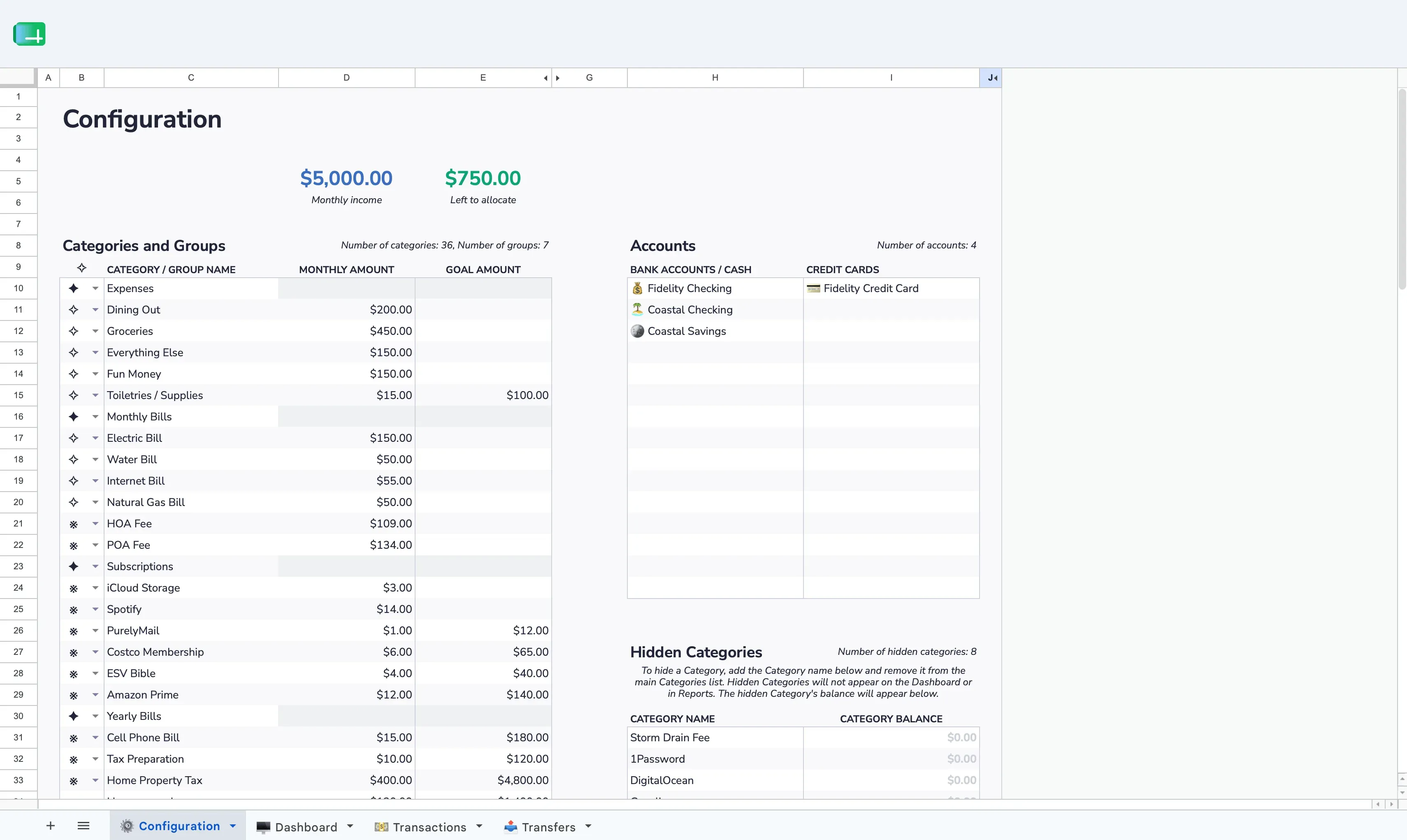Aspire Budgeting configuration tab showing budget categories and account setup