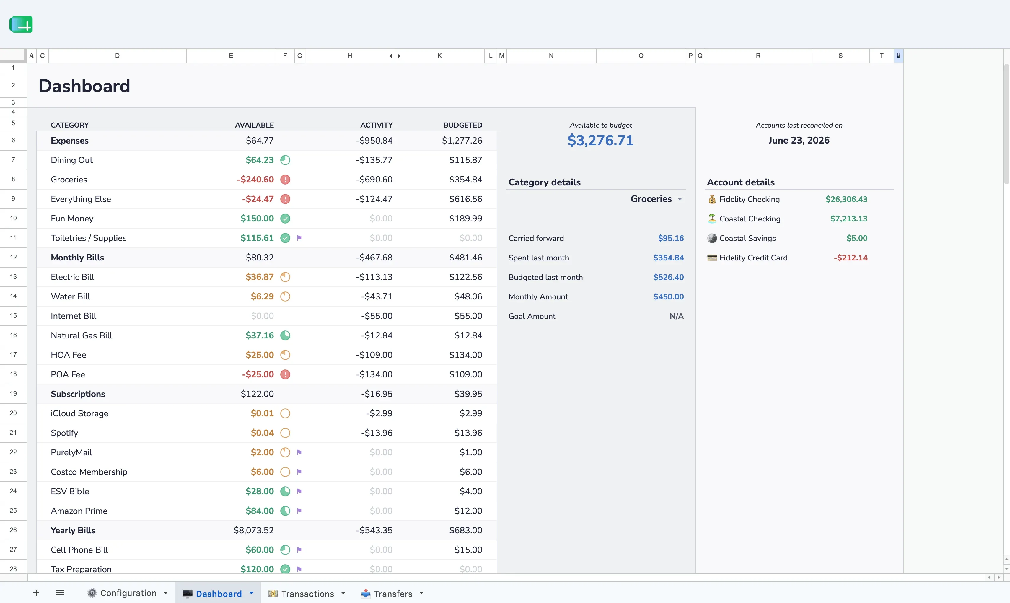 Aspire Budgeting dashboard in Google Sheets showing category balances, available money, and account totals