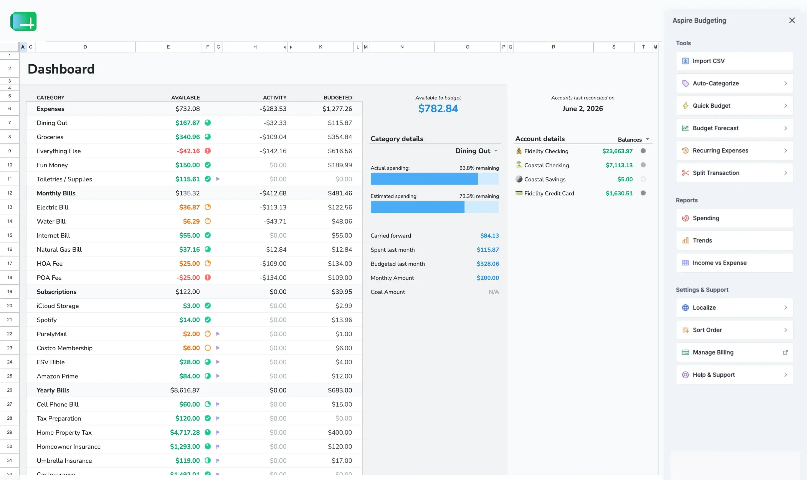 Aspire Budgeting dashboard showing category balances, account totals, and monthly budget overview in Google Sheets