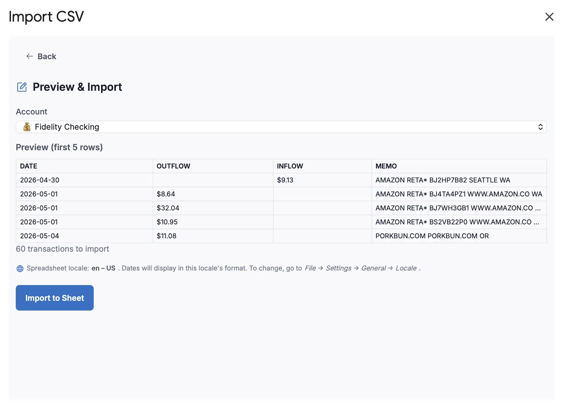 Aspire Turbo CSV import flow showing bank transactions being mapped and imported into Google Sheets