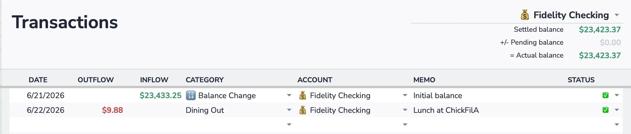 Transactions tab with one entry filled in