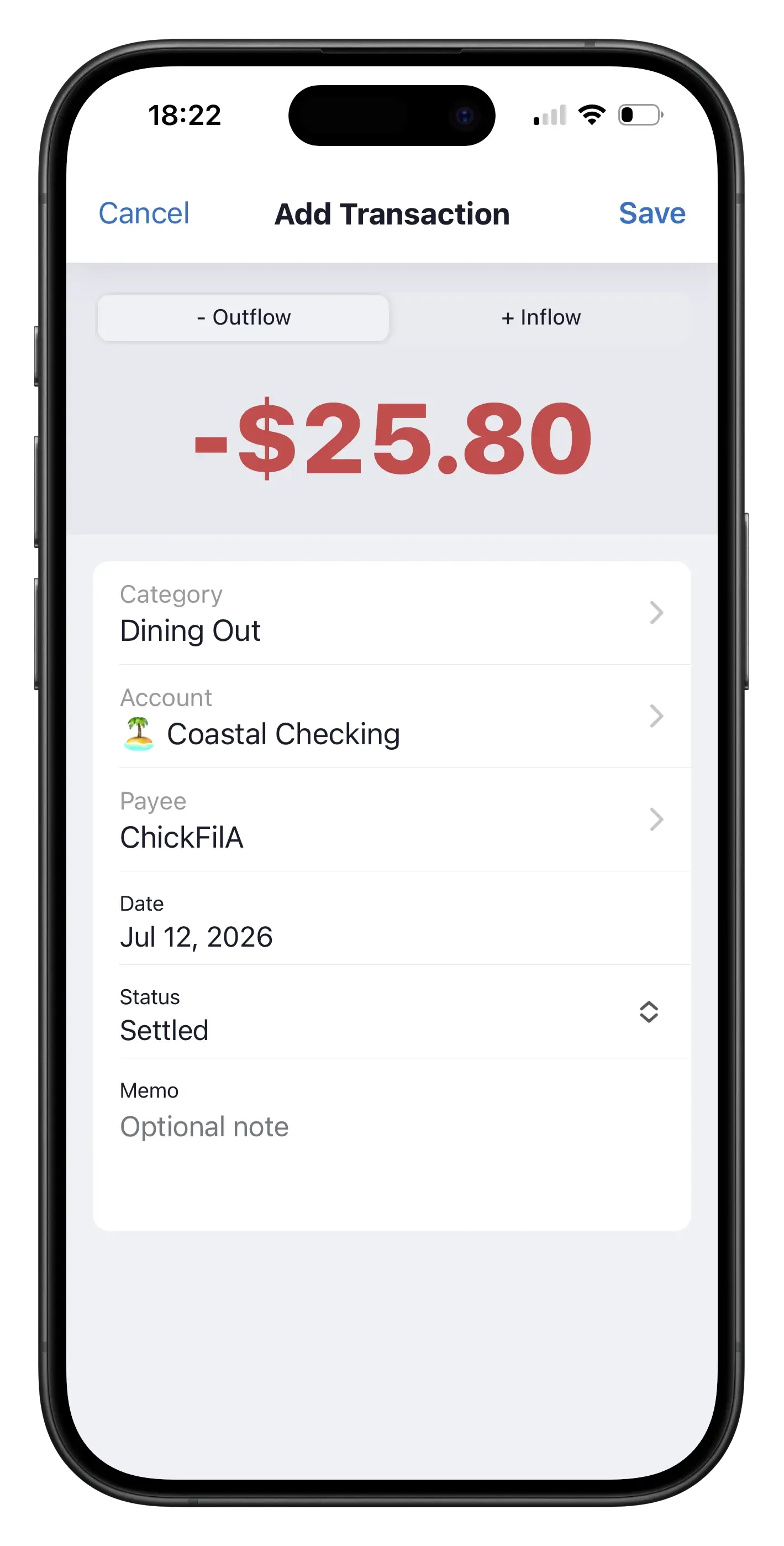 Aspire Mobile add transaction screen with amount, category, account, payee, date, status, and memo fields