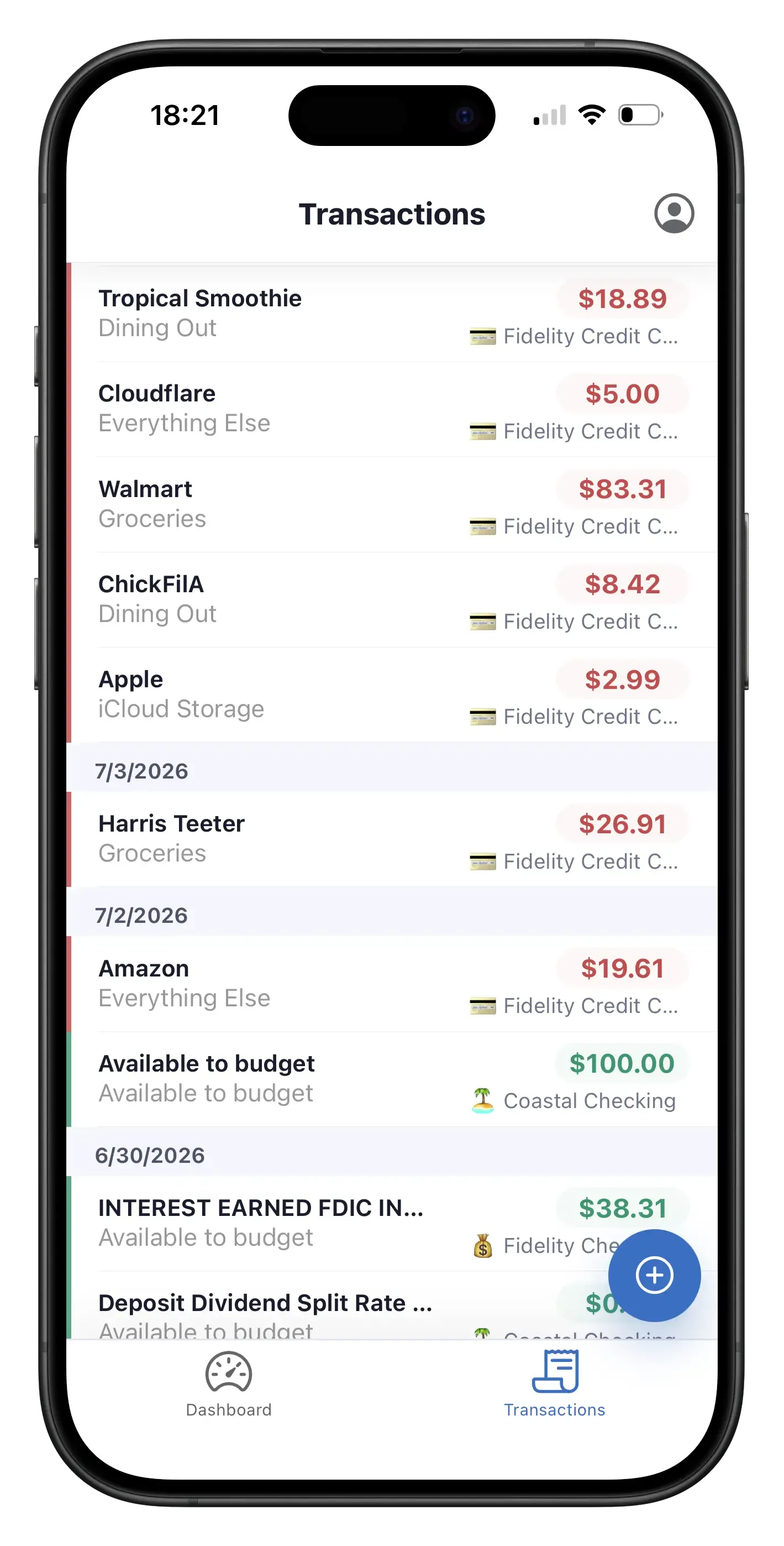 Aspire Mobile recent transactions showing purchases, income, categories, accounts, and amounts