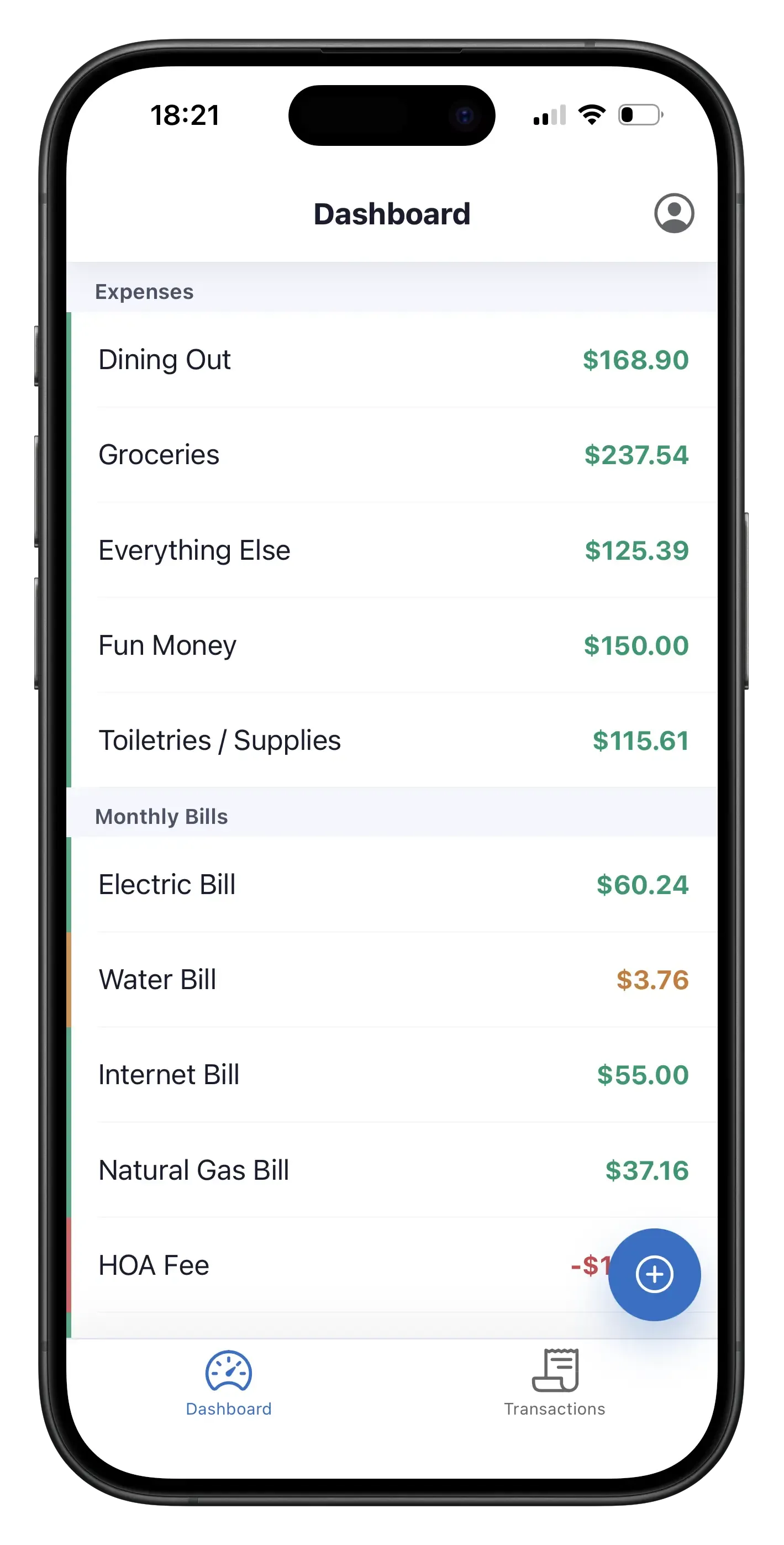 Aspire Mobile dashboard showing available balances for expense and monthly bill categories