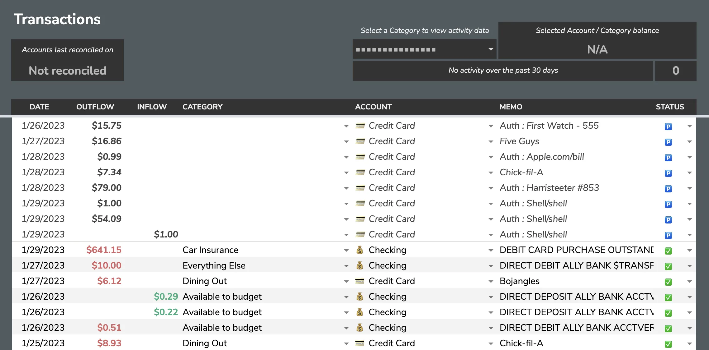 Pending transactions tray showing unsettled transactions at the top of the Transactions tab
