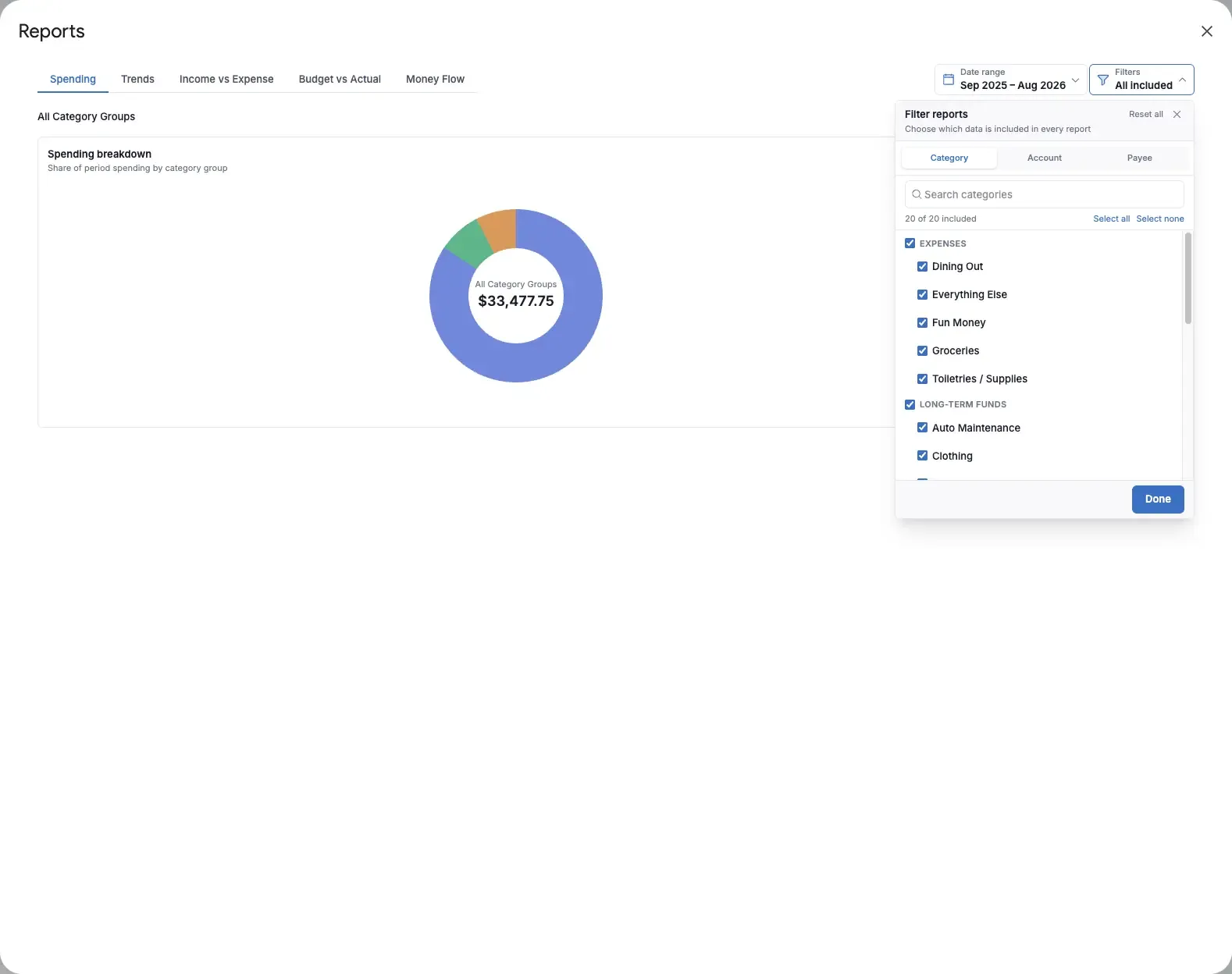 Report filters showing categories indented beneath their category-group headings