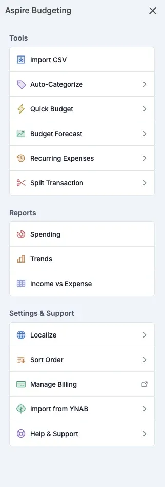 Aspire Budgeting add-on sidebar showing Turbo tools, reports, settings, and support inside Google Sheets