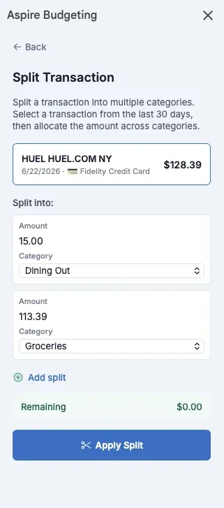 Aspire Turbo Split Transaction panel dividing one purchase across multiple categories
