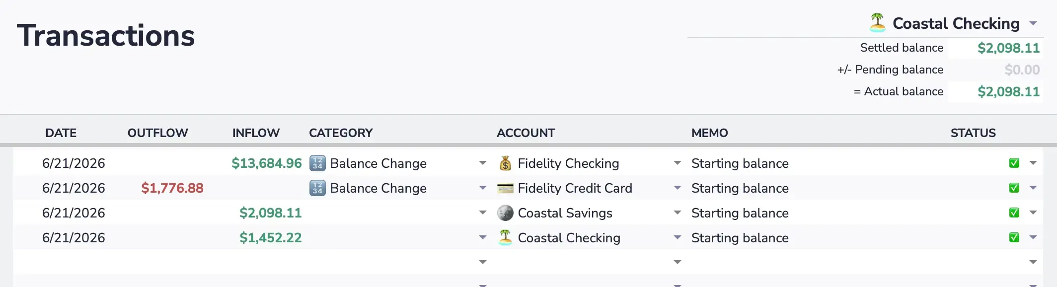 Transactions tab with Starting Balance entries for each account