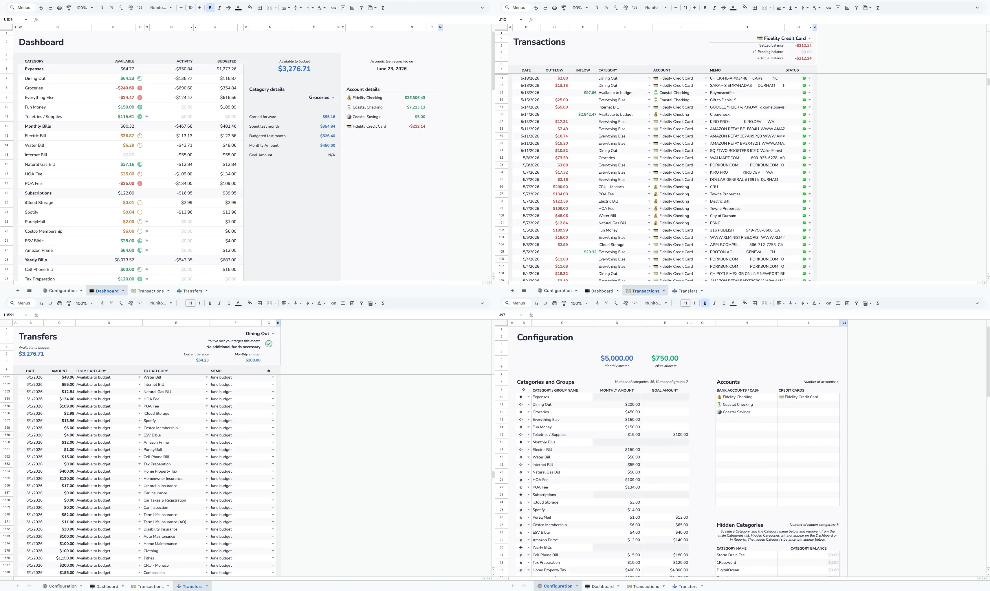 Aspire Budgeting template showing dashboard, transactions, categories, and reports in Google Sheets