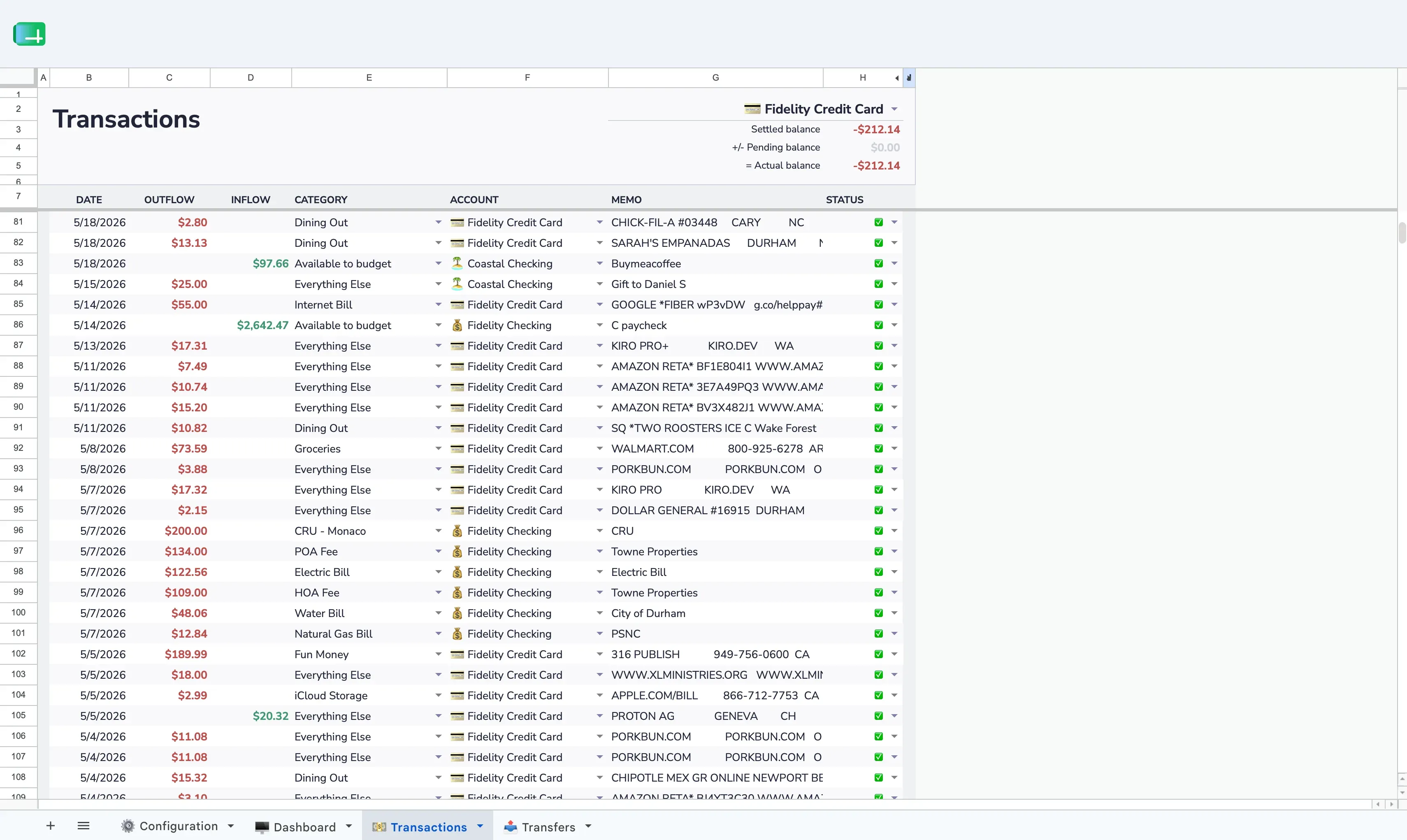 Aspire Budgeting transactions tab showing transaction rows in Google Sheets
