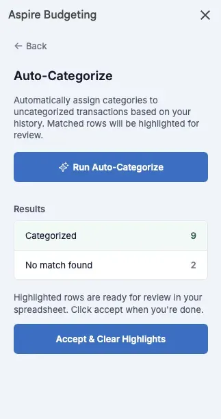 Aspire Turbo Auto-Categorization panel showing category suggestions for imported transactions
