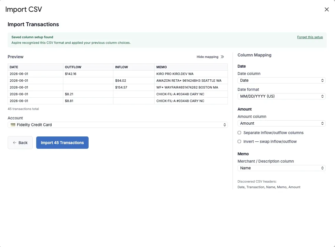 Aspire Turbo CSV import screen in the Google Sheets add-on