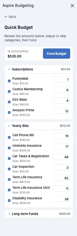 Aspire Turbo Quick Budget screen showing category funding suggestions