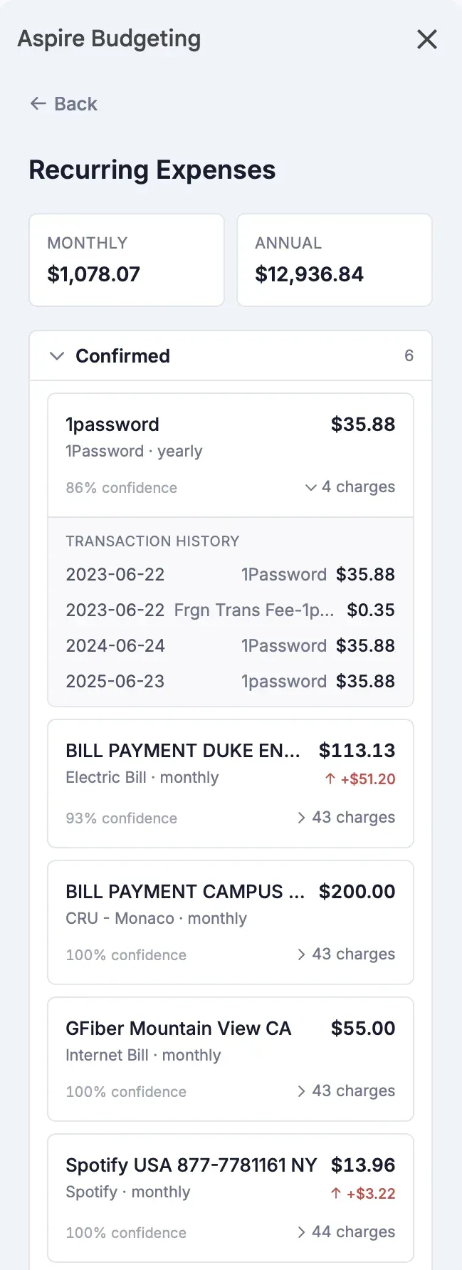 Aspire Turbo recurring expenses screen showing detected subscriptions and recurring bills