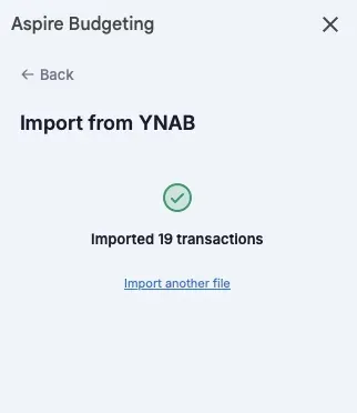 Aspire YNAB import results showing imported and skipped transaction counts