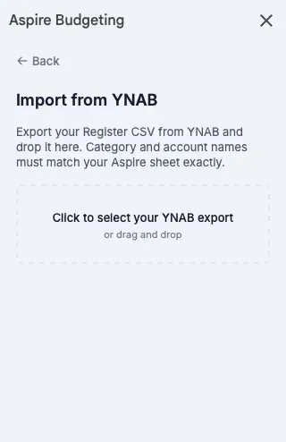 Aspire add-on Import from YNAB panel with a Register CSV ready to import